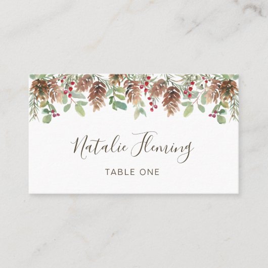 Winter Greenery Pine Red Berry Wedding Place Card Plaatskaartje (Voorkant)