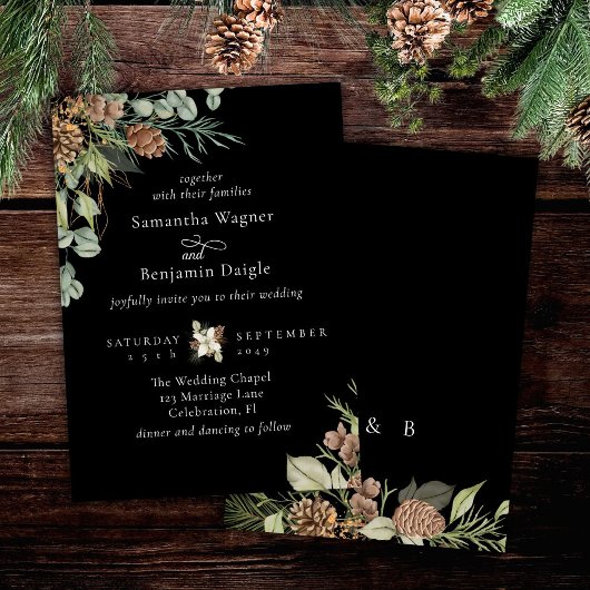 Winter Greenery Pine Zwart Elegante bruiloft Kaart