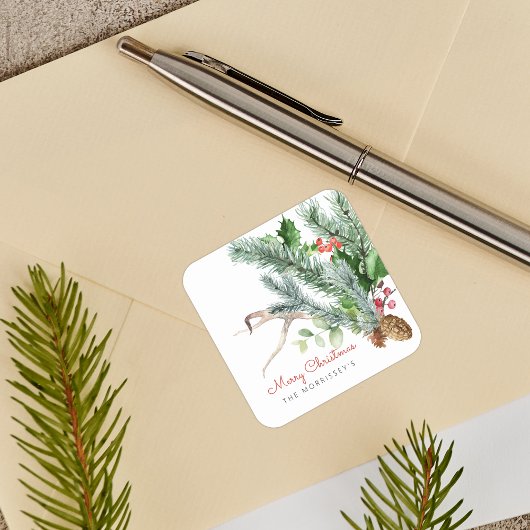 Winter Greenery Pinecone Antler Berries Holiday Vierkante Sticker