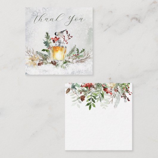 Winter Greenery Red Berry Bird Kerstdank Vierkante Visitekaartje (Voorkant / Achterkant)