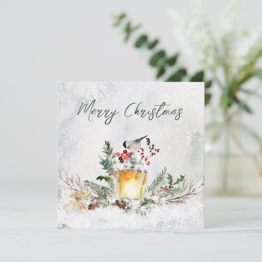 Winter Greenery Red Berry Bird kerstkaart Kaart (Staand voorkant)