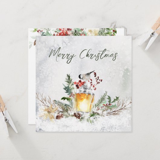 Winter Greenery Red Berry Bird kerstkaart Kaart (Voorkant / Achterkant in situ)