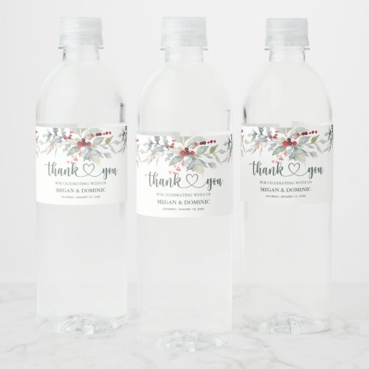Winter Greenery Red Berry Kerstbruiloft Waterfles Etiket (Flessen)