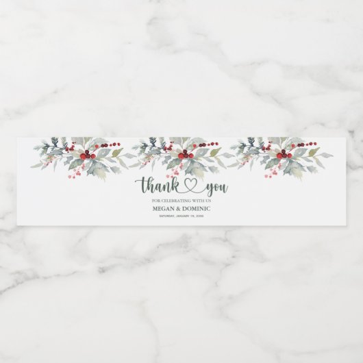 Winter Greenery Red Berry Kerstbruiloft Waterfles Etiket (Enkel label)