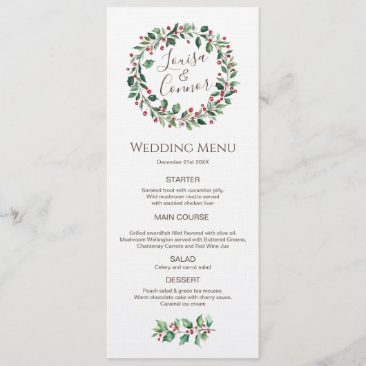 Winter Greenery Red Berry Wedding Menu (Voorkant)