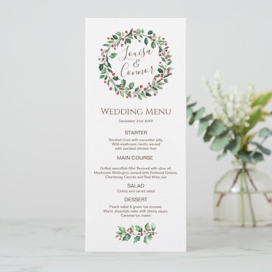 Winter Greenery Red Berry Wedding Menu (Staand voorkant)