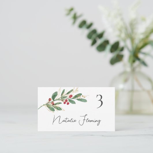 Winter Greenery Red Berry Wedding Place Card Plaatskaartje (Staand voorkant)