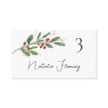 Winter Greenery Red Berry Wedding Place Card