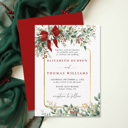 Winter Greenery Red Bow Bells Rustic Frame Wedding Kaart