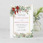 Winter Greenery Red Bow Bells Rustic Frame Wedding Kaart (Staand voorkant)