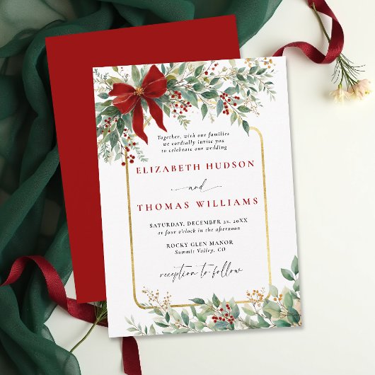 Winter Greenery Red Bow Rustic *Gold Frame Wedding Kaart