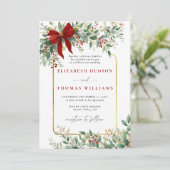 Winter Greenery Red Bow Rustic *Gold Frame Wedding Kaart (Staand voorkant)