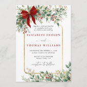 Winter Greenery Red Bow Rustic *Gold Frame Wedding Kaart (Voorkant)