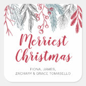 Winter Greenery Red Script Merriest Kerstmis Vierkante Sticker (Voorkant)