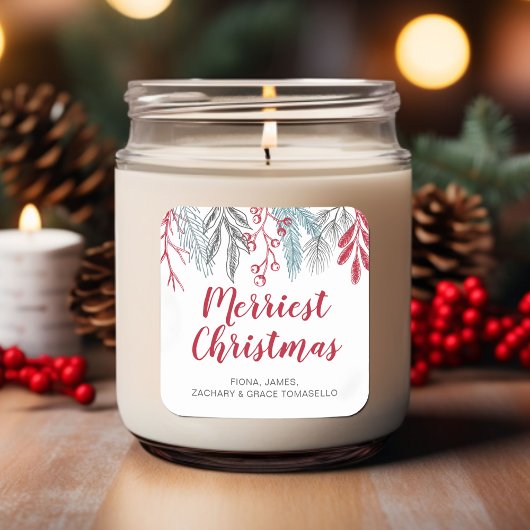 Winter Greenery Red Script Merriest Kerstmis Vierkante Sticker