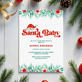 Winter Greenery Retro Script Santa Baby Shower Kaart