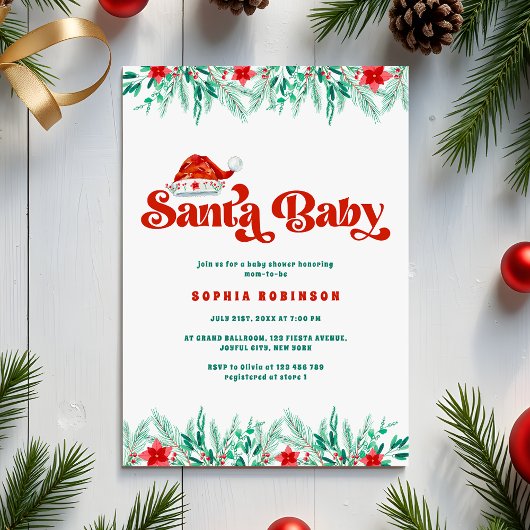 Winter Greenery Retro Script Santa Baby Shower Kaart