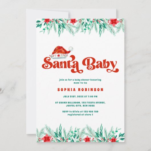 Winter Greenery Retro Script Santa Baby Shower Kaart (Voorkant)