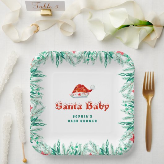 Winter Greenery Santa Hat Christmas Baby shower Papieren Bordje (Huwelijk)