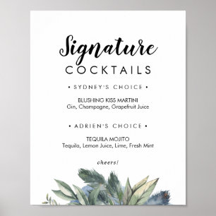 Winter Greenery Signature Cocktails Sign Poster