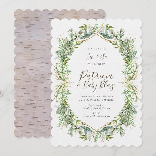 Winter Greenery Sip en Zie uitnodiging (Voorkant / Achterkant)