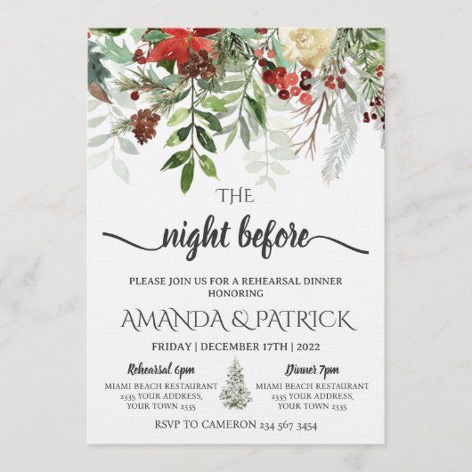Winter Greenery The Night Before Rehearsal Dinner Kaart (Voorkant)