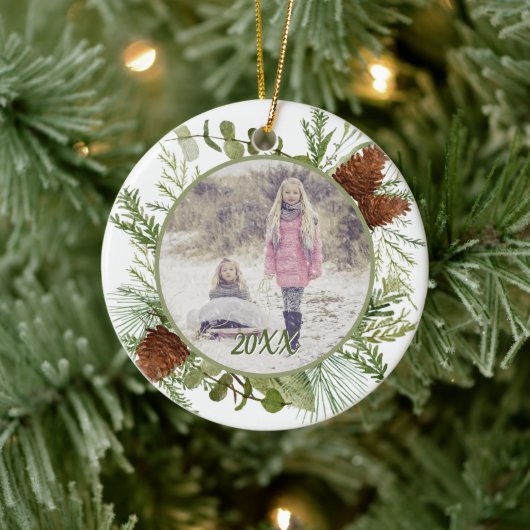 Winter Greenery Waterverf dubbelzijdige foto Keramisch Ornament (Boom)