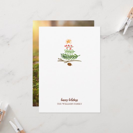 Winter Greenery Waterverf Fotokerstboom Kaart (Voorkant / Achterkant in situ)