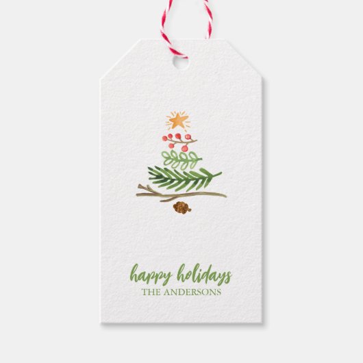 Winter Greenery Waterverf kerstboom Cadeaulabel (Voorkant)