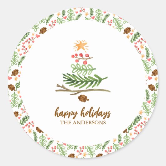 Winter Greenery Waterverf kerstboom Label (Voorkant)