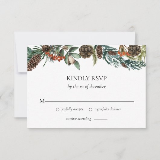 Winter Greenery Waterverf Pine Cone Wedding RSVP Kaartje (Voorkant)