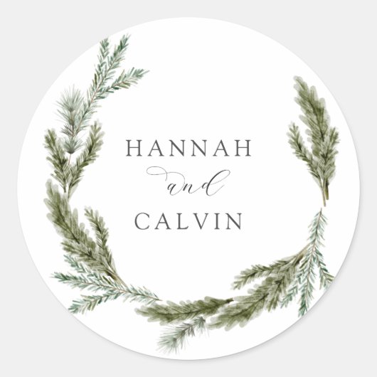 Winter Greenery Wedding Classic Round Sticker (Voorkant)