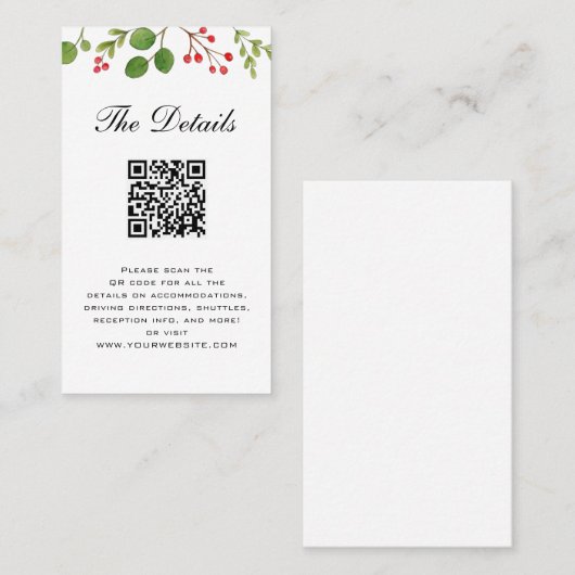 Winter Greenery Wedding Details card met QR code Plaatskaartje (Voorkant / Achterkant)
