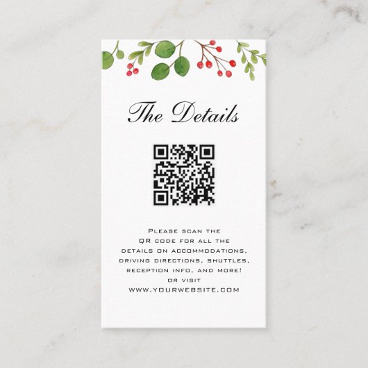 Winter Greenery Wedding Details card met QR code Plaatskaartje (Voorkant)