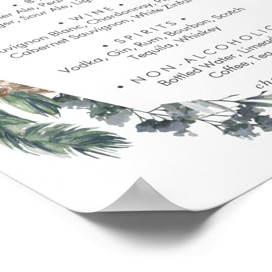 Winter Greenery Wedding Drinken Menu Sign Poster (Hoek)