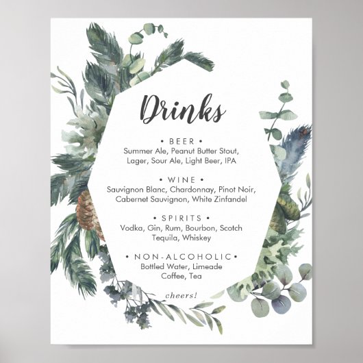Winter Greenery Wedding Drinken Menu Sign Poster (Voorkant)