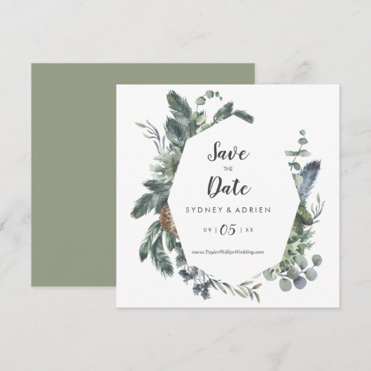 Winter Greenery Wedding Save the Date (Voorkant / Achterkant)