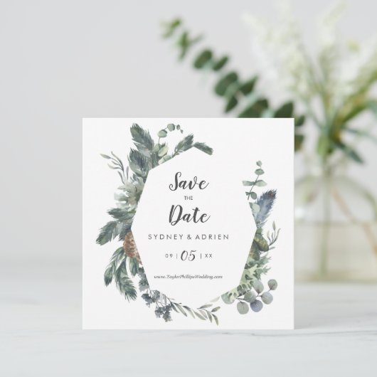 Winter Greenery Wedding Save the Date (Staand voorkant)