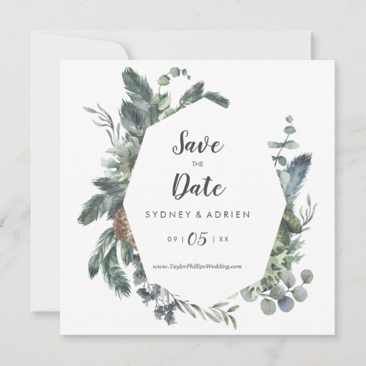 Winter Greenery Wedding Save the Date (Voorkant)
