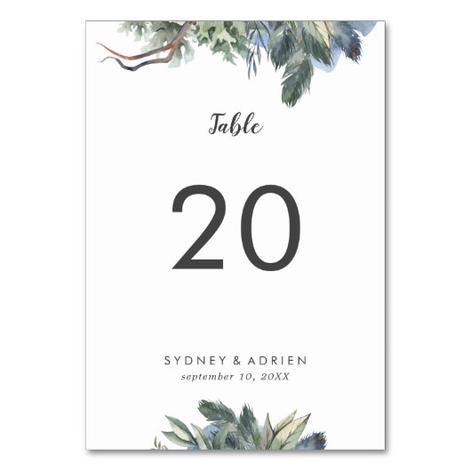 Winter Greenery Wedding Table Numbers Kaart (Achterkant)