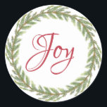 Winter Greenery Wreath Christmas Joy Ronde Sticker<br><div class="desc">Elegante en eigentijdse feestelijke envelop zegel of cadeau sticker voor kerst met de tekst 'Joy' in rode chique script kalligrafie en een stijlvolle wintergroene krans op een witte achtergrond. Exclusief voor u ontworpen door Happy Dolphin Studio. Als u hulp of bijpassende producten nodig heeft, neem dan contact met ons op...</div>