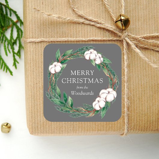 Winter Greenery Wreath Merry Kerstgrijs Vierkante Sticker