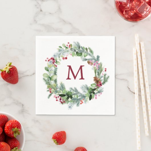Winter Greenery Wreath Monogram Paper Servet (Insitu)