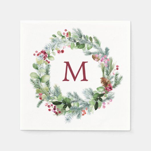 Winter Greenery Wreath Monogram Paper Servet (Voorkant)