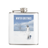 Winter Greetings. Female elf walking in the snow Heupfles (Voorkant)