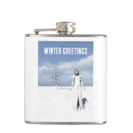 Winter Greetings. Female elf walking in the snow Heupfles