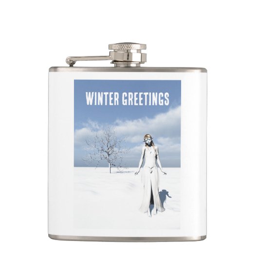 Winter Greetings. Female elf walking in the snow Heupfles (Voorkant)