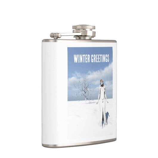 Winter Greetings. Female elf walking in the snow Heupfles (Rechts)