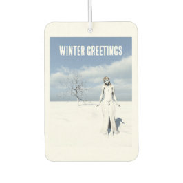 Winter Greetings. Female elf walking in the snow Luchtverfrisser