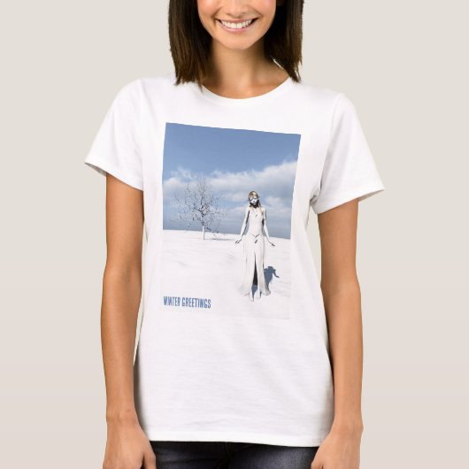Winter Greetings. Female elf walking in the snow T-shirt (Voorkant)